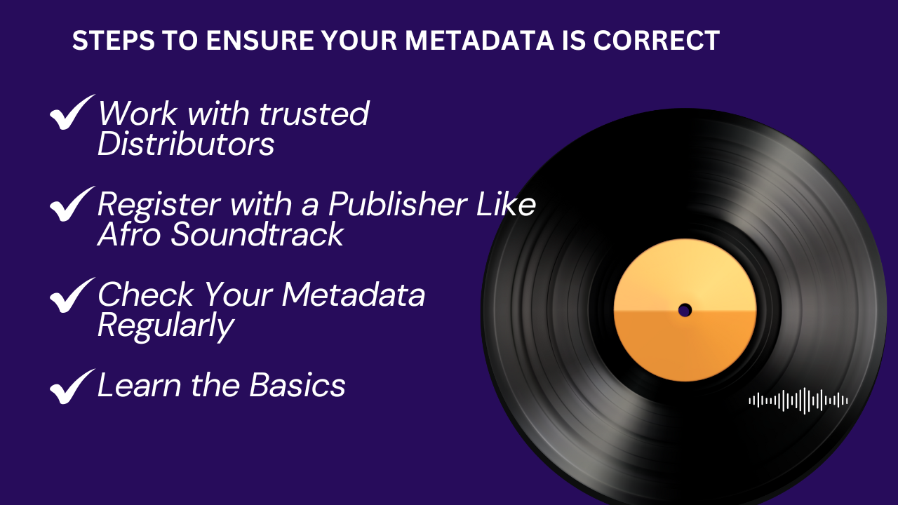 A purple background with text that reads Steps to ensure your Metadata is correct